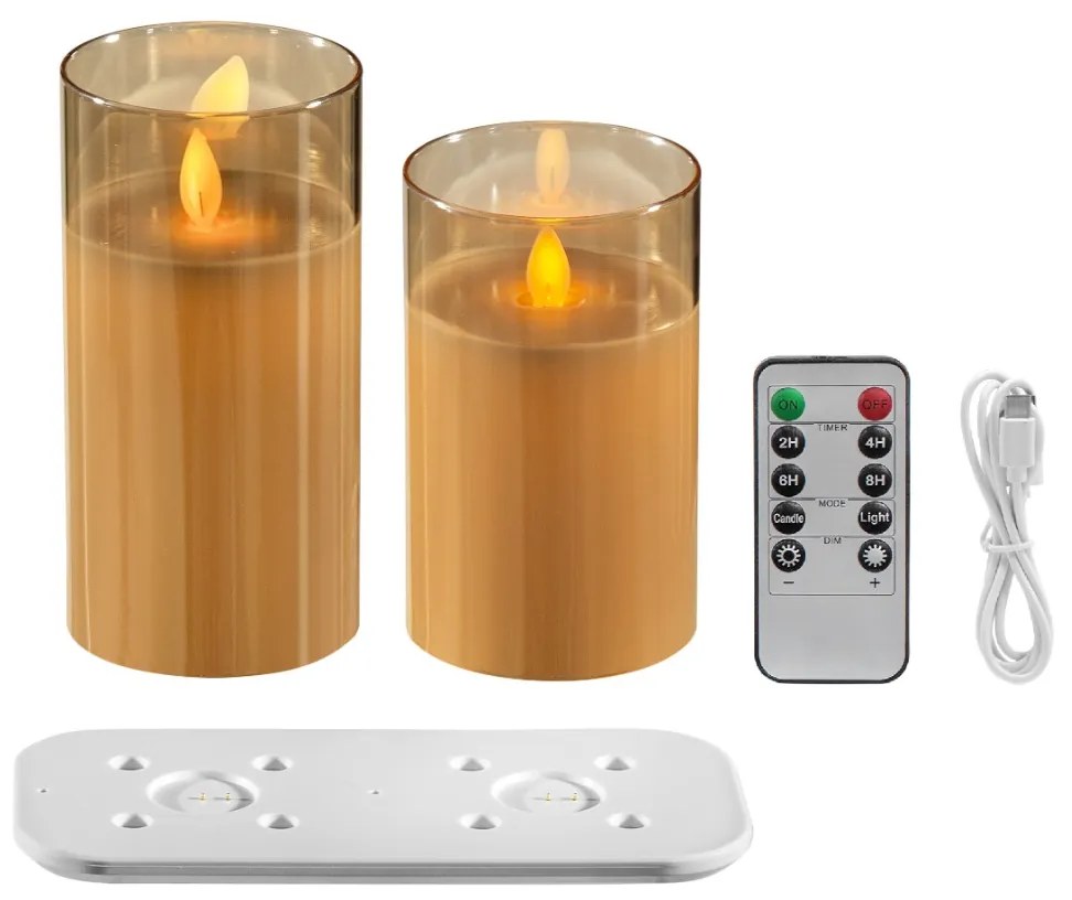 Artekko Flame Κερί Led με Τηλεχειριστήριο Επαναφορτιζόμενo με Βάση σε USB Γυαλί Κερί Πορτοκαλί Σέπια (7.6x7.6x15.2)cm Σετ/2 Artekko 480321-DS