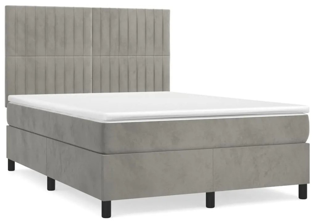 Κρεβάτι Boxspring με Στρώμα Ανοιχτό Γκρι 140x190 εκ. Βελούδινο - Γκρι