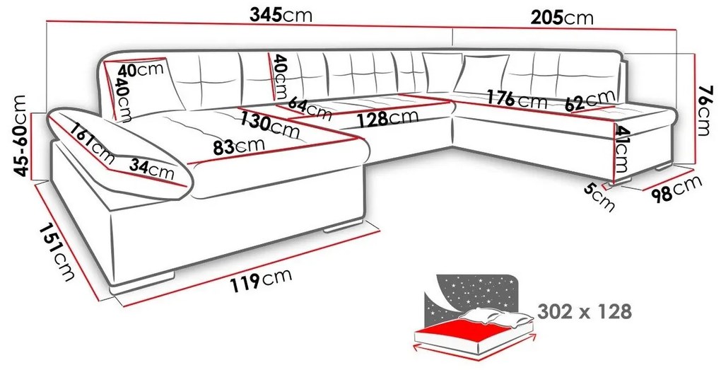 Γωνιακός Καναπές Comfivo 149, Λειτουργία ύπνου, Αποθηκευτικός χώρος, 345x205x76cm, 169 kg, Πόδια: Πλαστική ύλη | Epipla1.gr