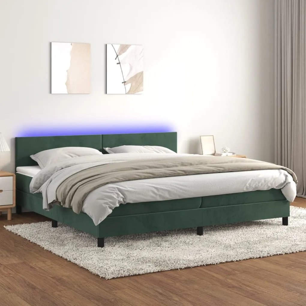 Κρεβάτι Boxspring με Στρώμα &amp; LED Σκ. Πράσινο 200x200εκ Βελούδο - Πράσινο