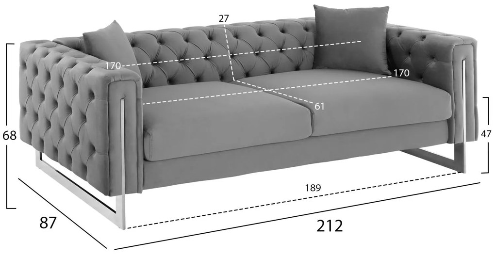 ΚΑΝΑΠΕΣ τ.CHESTERFIELD MOBAR  ΓΚΡΙ ΒΕΛΟΥΔΟ-ΜΕΤΑΛΛΙΚΑ ΠΟΔΙΑ 212x87x68Υεκ