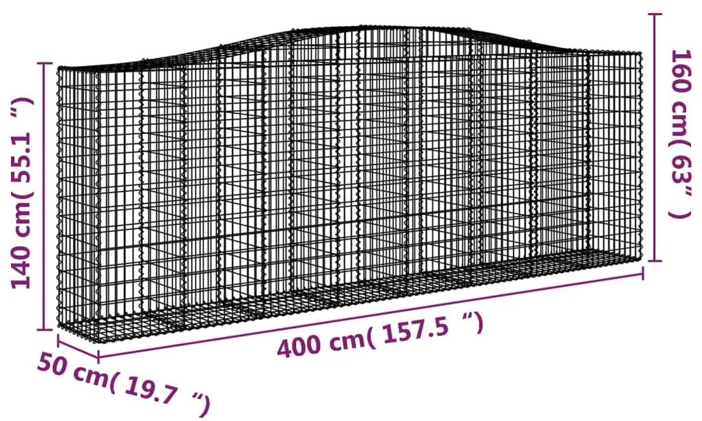 Συρματοκιβώτια Τοξωτά 4 τεμ. 400x50x140/160 εκ. Γαλβαν. Ατσάλι - Ασήμι