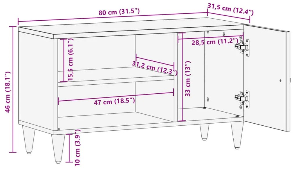 Έπιπλο Τηλεόρασης 80x31,5x46 εκ. από Μασίφ Ξύλο Μάνγκο - Μαύρο