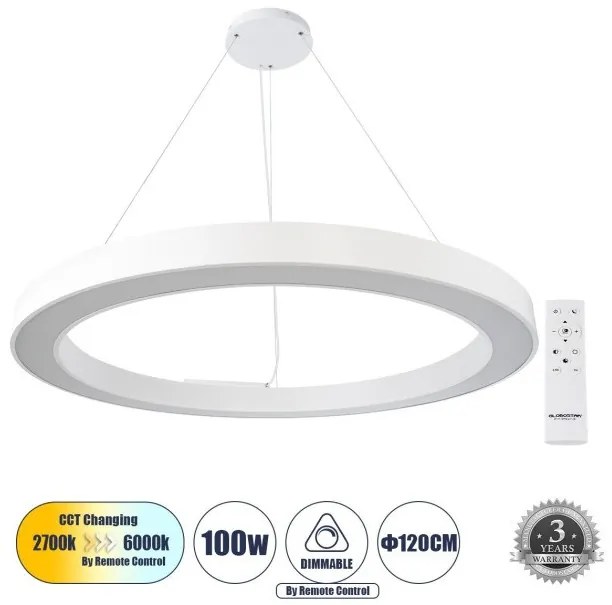 Κρεμαστό Φωτιστικό Δαχτυλίδι CCT 100W Φ120cm Αλουμίνιο Globostar-61199-Λευκό 61199