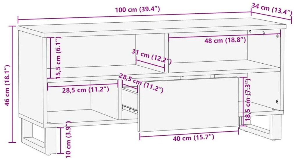 Έπιπλο Τηλεόρασης Καφέ 100x34x46 εκ. Μασίφ Ξύλο Μάνγκο - Καφέ