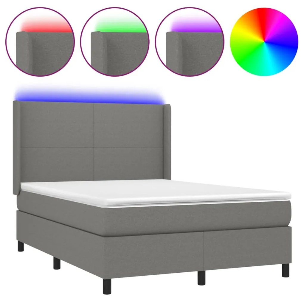 Κρεβάτι Boxspring με Στρώμα &amp; LED Σκ.Γκρι 140x190εκ. Υφασμάτινο - Γκρι