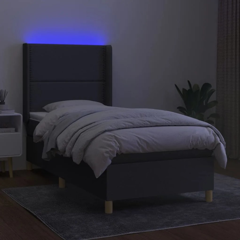 Κρεβάτι Boxspring με Στρώμα &amp; LED Σκ.Γκρι 90x190 εκ. Υφασμάτινο - Γκρι