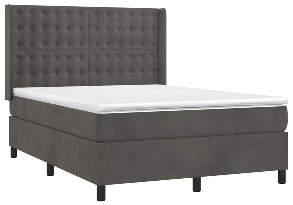 vidaXL Κρεβάτι Boxspring με Στρώμα & LED Σκ. Γκρι 140x200εκ. Βελούδινο