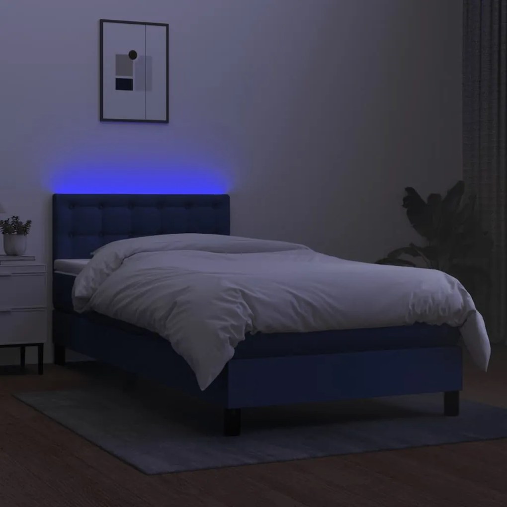 Κρεβάτι Boxspring με Στρώμα &amp; LED Μπλε 90x200 εκ. Υφασμάτινο - Μπλε