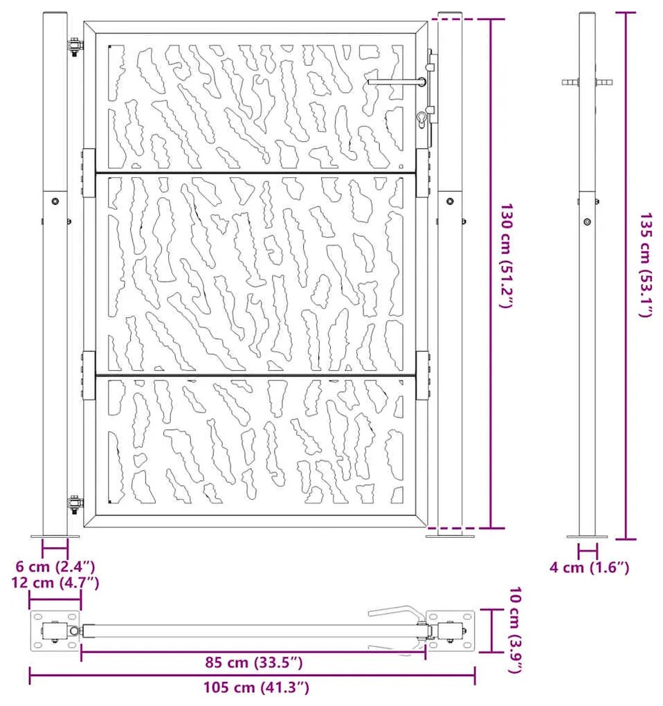 Πύλη κήπου 105x130 cm από διαβρωμένο χάλυβα με σχεδιασμό ίχνους - Καφέ