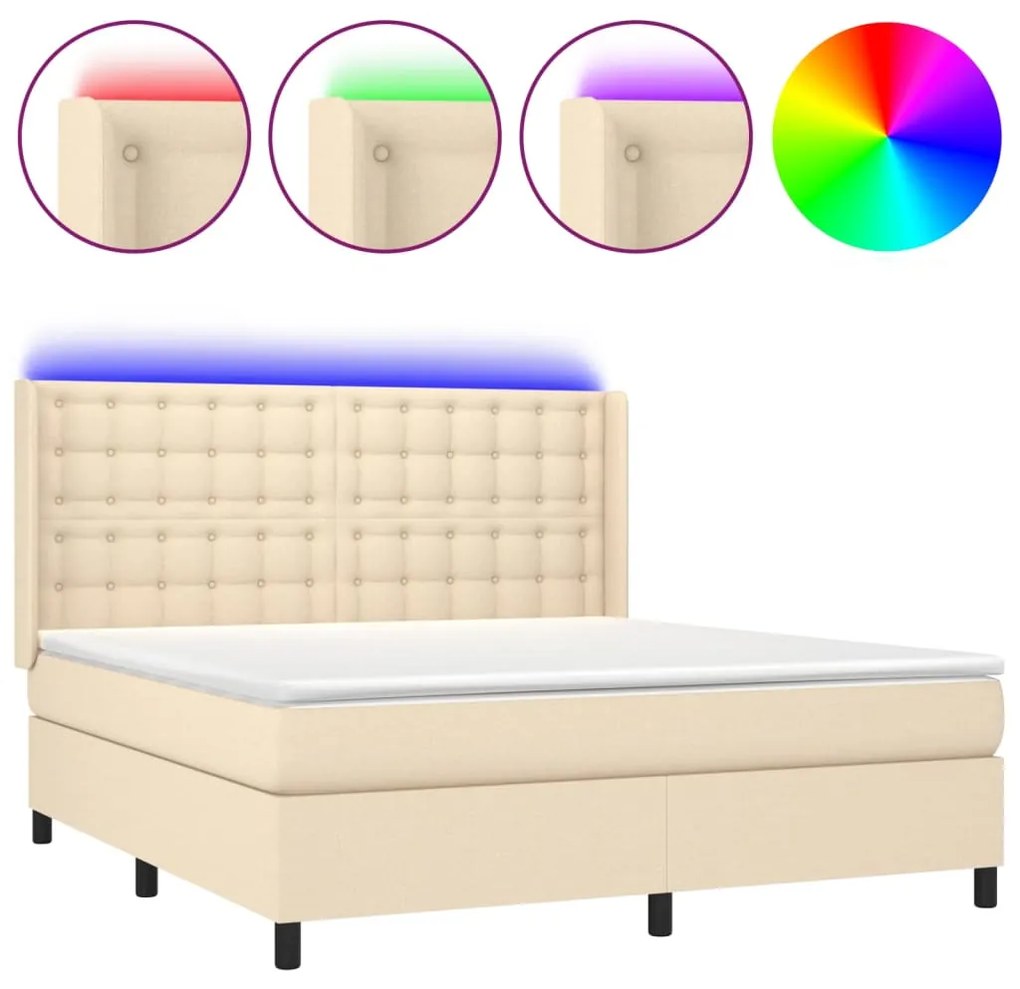 vidaXL Κρεβάτι Boxspring με Στρώμα & LED Κρεμ 180x200 εκ. Υφασμάτινο