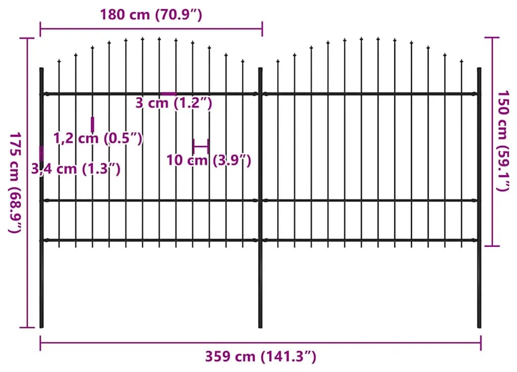 vidaXL Κάγκελα Περίφραξης με Λόγχες Μαύρα (1,5-1,75) x 3,4 μ. Ατσάλινα
