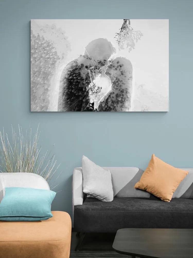 Εικόνα ενός ερωτευμένου ζευγαριού κάτω από γκί σε μαύρο και λευκό - 120x80