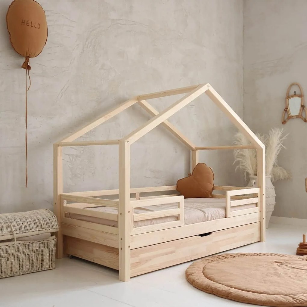 Κρεβάτι Παιδικό Montessori HouseBed Fello Plus με Αφαιρούμενα Κάγκελα 23cm  + Συρτάρι σε Φυσικό  Ξύλο  100×200cm  Luletto (Δώρο 10% έκπτωση στο Στρώμα)