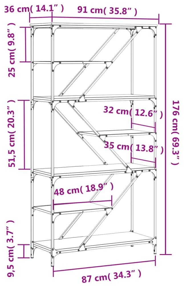 Βιβλιοθήκη Καφέ Δρυς 91 x 36 x 176 εκ. Επεξεργ. Ξύλο / Ατσάλι - Καφέ