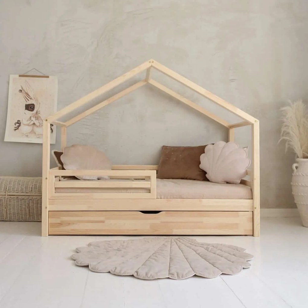 Κρεβάτι Παιδικό Montessori HouseBed Fello Plus με Αφαιρούμενα Κάγκελα 23cm  + Συρτάρι σε Φυσικό  Ξύλο  100×200cm  Luletto (Δώρο 10% έκπτωση στο Στρώμα)