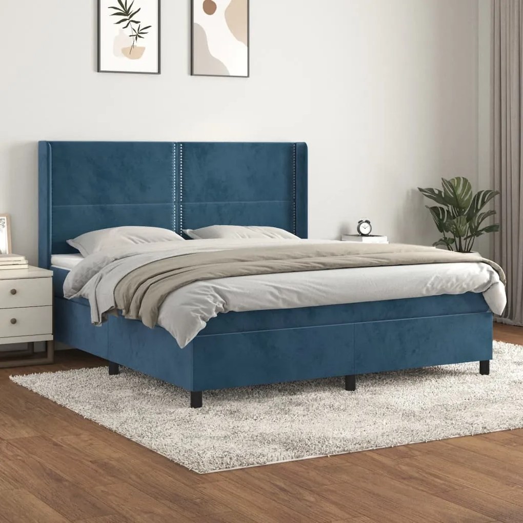 Κρεβάτι Boxspring με Στρώμα Σκούρο Μπλε 180x200 εκ. Βελούδινο - Μπλε