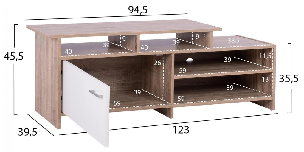 Έπιπλο τηλεόρασης SCOTT Μελαμίνη Sonoma - Λευκό 123x39.5x45.5Yεκ. 123x39.5x45.5 εκ.