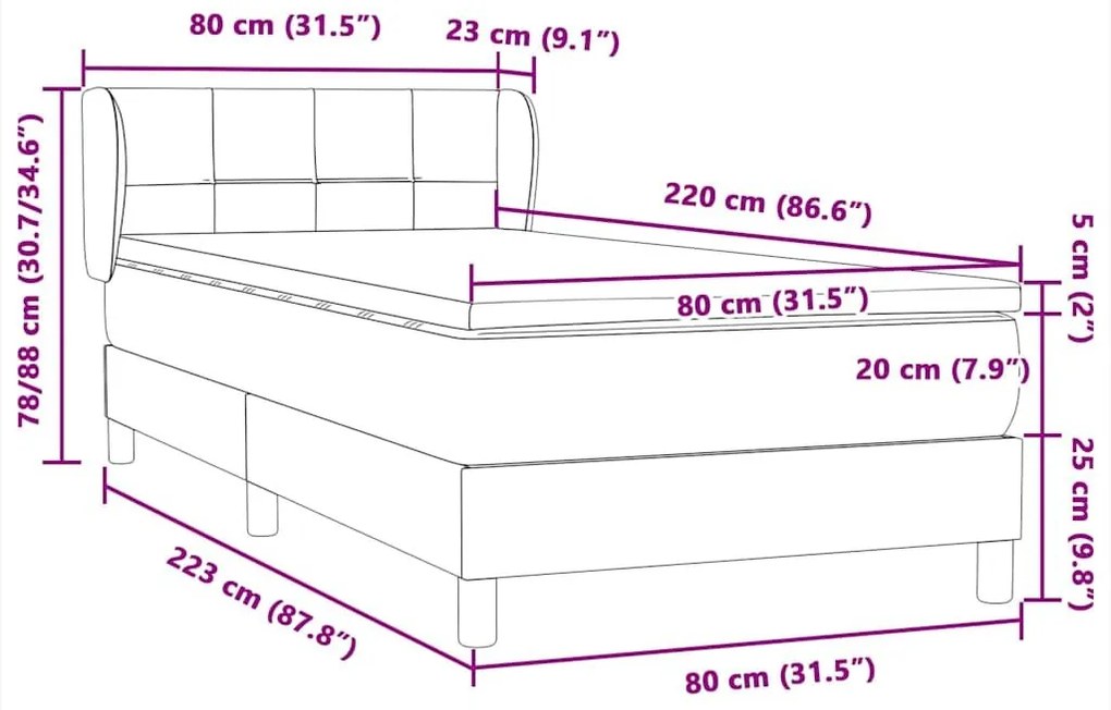 Box Spring κρεβάτι με στρώμα ανοιχτό γκρι 80x220 cm Βελούδινο - Γκρι