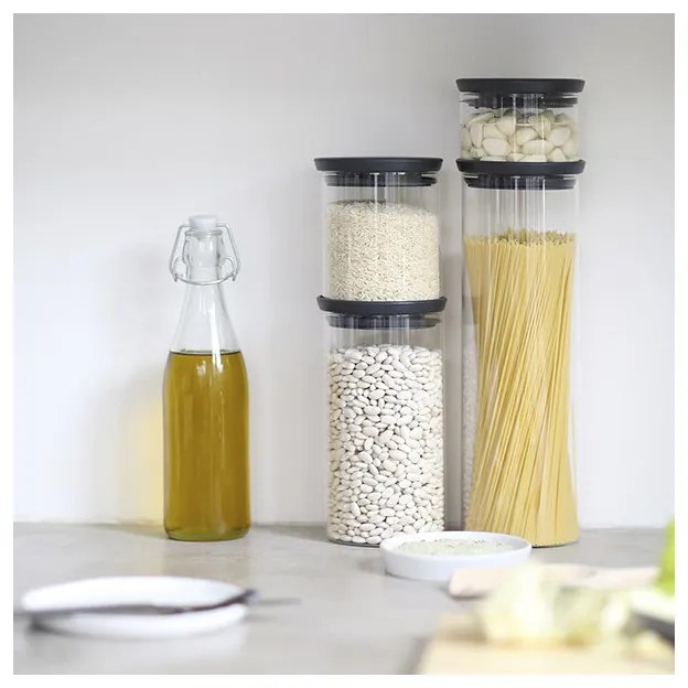 Γυάλινο βάζο Brabantia Stackable 646873, 1,9 l, Σφιχτό κλείσιμο, Πλένεται στο πλυντήριο πιάτων, Σκούρο γκρι