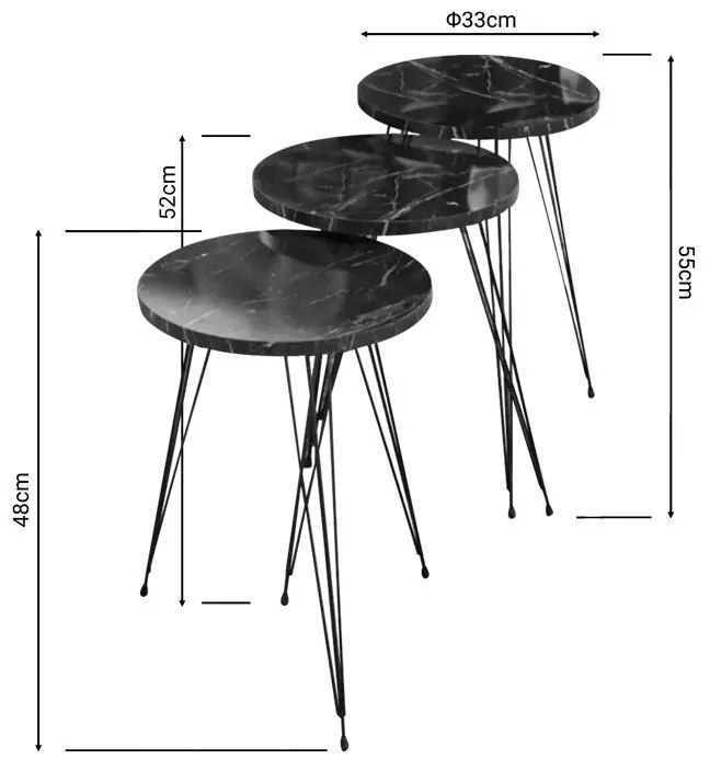 Τραπεζάκια σαλονιού Βοηθητικά Wakmi σετ 3 τεμ. σε μαύρο μάρμαρο μελαμίνη - μαύρο μέταλλο 33x33x55 εκ.