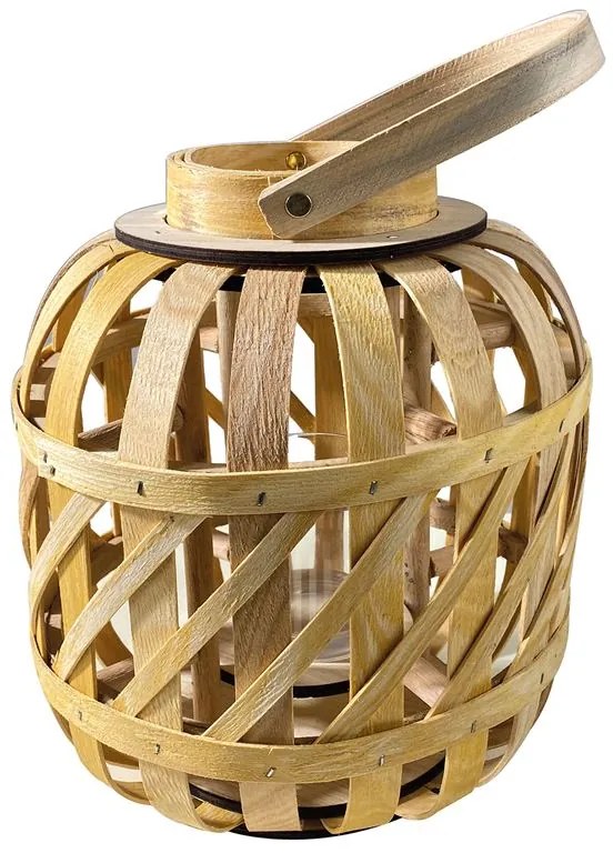 LANTERN ROUND Φανάρι Κήπου- Βεράντας Ξύλινο, Απόχρωση Φυσικό, με Γυάλινο ποτήρι Φ24x27cm Ε2900