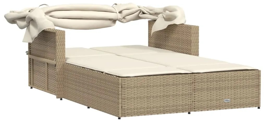 vidaXL Ξαπλώστρα Διπλή Μπεζ Συνθετικό Ρατάν με Σκίαστρο και Μαξιλάρια