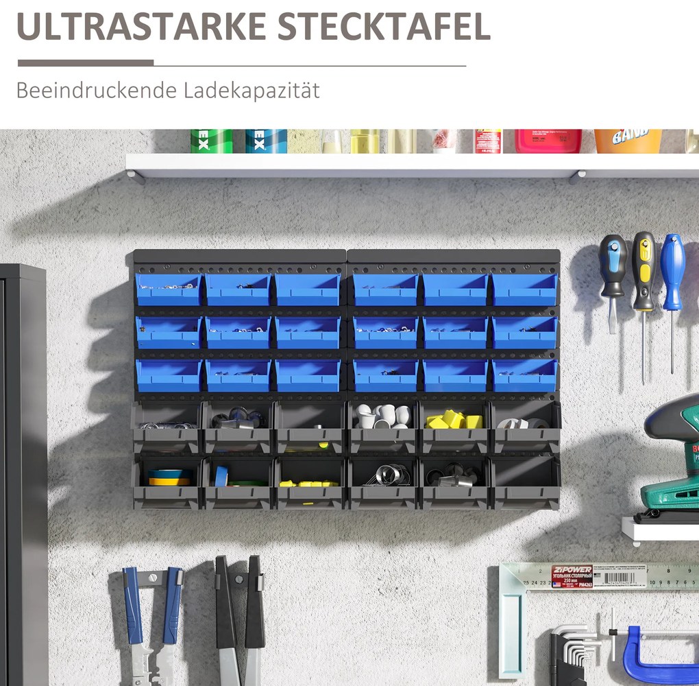 Ράφι αποθήκευσης, ντουλάπι εργαστηρίου, 30 κουτιά σε 2 μεγέθη, στοιβαζόμενο, 63x18x37,5cm, Μπλε