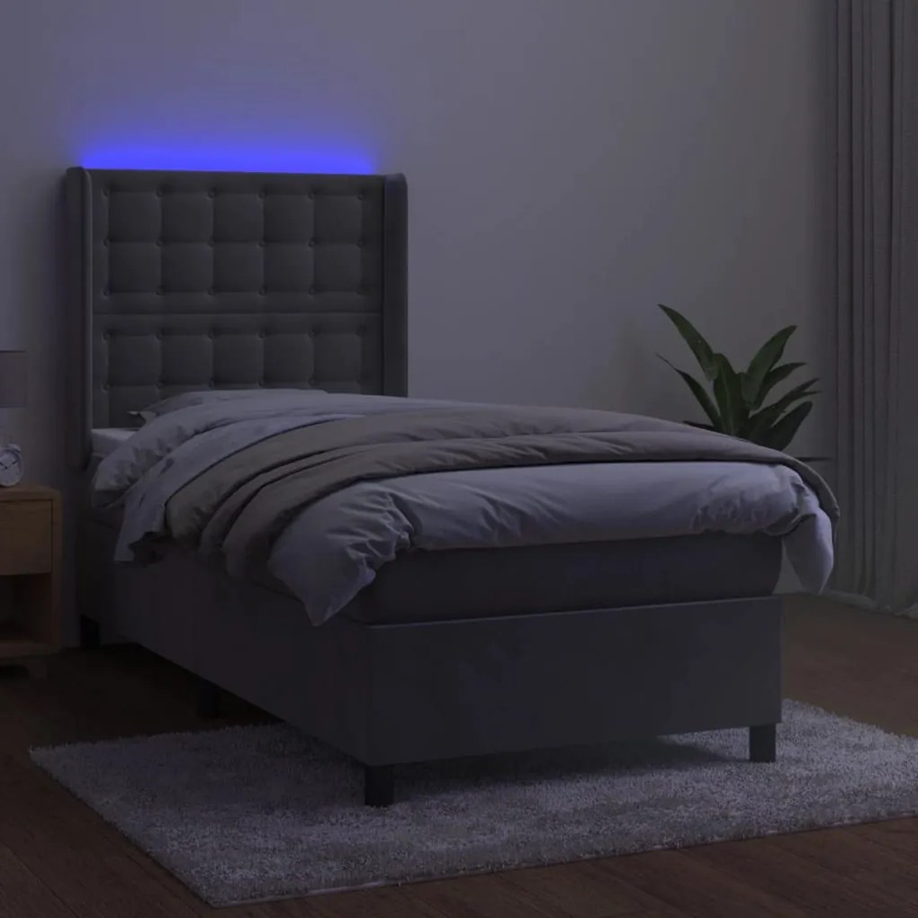 Κρεβάτι Boxspring με Στρώμα &amp; LED Αν.Γκρι 90x200 εκ. Βελούδινο - Γκρι