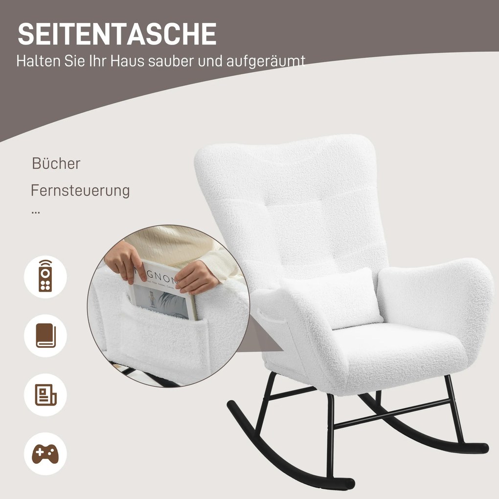 HOMCOM Πολυθρόνα λικνίσματος, βελούδινη επένδυση, μαξιλάρι οσφυϊκής χώρας, αντιολισθητική, έως 120 kg, λευκό