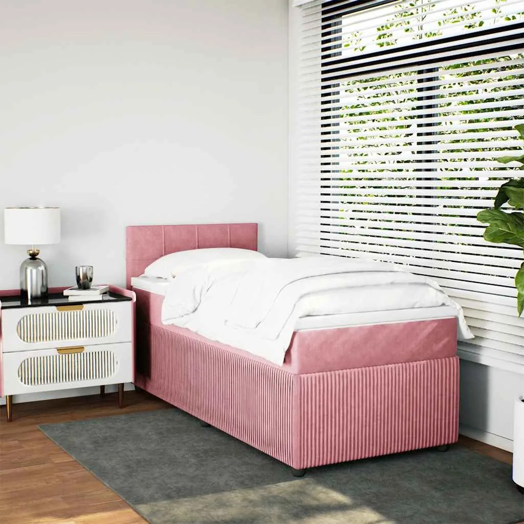 vidaXL Κρεβάτι Boxspring με Στρώμα Ροζ 90x200 εκ. Βελούδινο