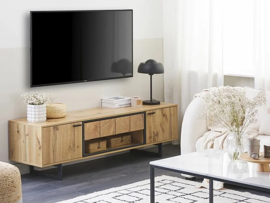 Τραπέζι Tv Berwyn 1173, Μαύρο, Ανοιχτό χρώμα ξύλου, 160x50x40cm, 30 kg | Epipla1.gr