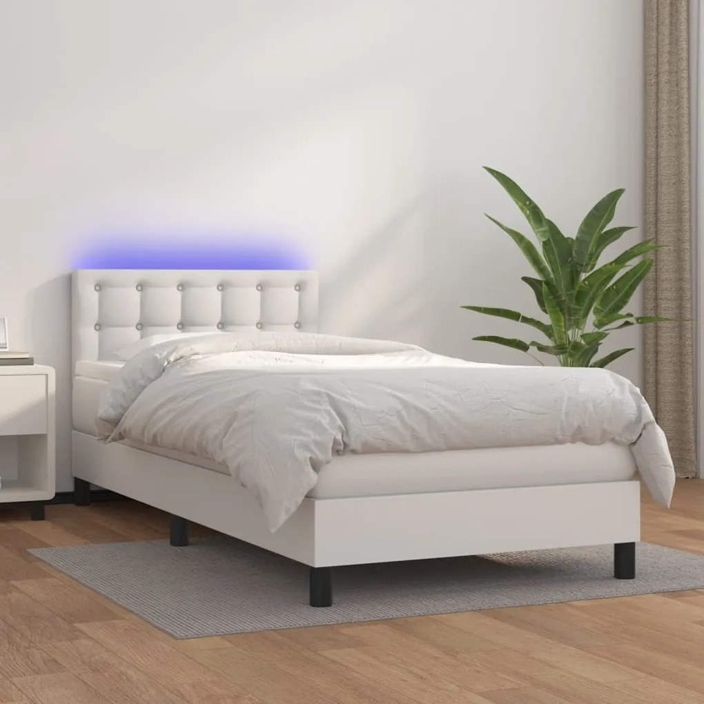 Κρεβάτι Boxspring με Στρώμα &amp; LED Λευκό 90x200 εκ. Συνθ. Δέρμα - Λευκό