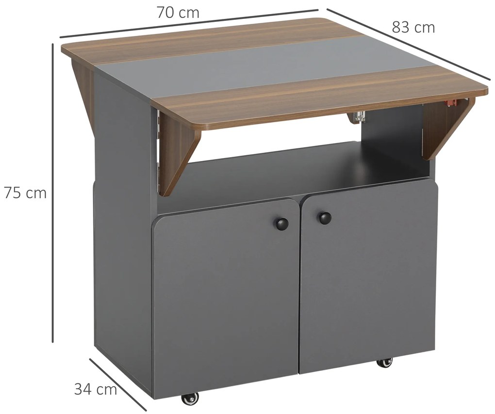 Πτυσσόμενο τραπέζι με ροδάκια, δύο πτυσσόμενες πλευρές τραπεζιού, ντουλάπι, 4 ροδάκια, Ανοιχτό Γκρι+Σκούρο Καφέ, 70 x 83 x 75cm