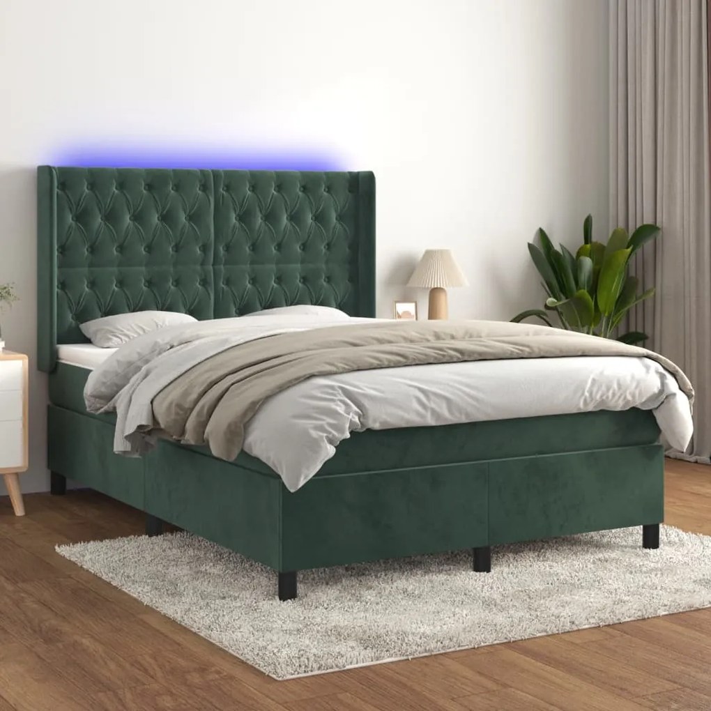 Κρεβάτι Boxspring με Στρώμα &amp; LED Σκ. Πράσινο 140x190εκ Βελούδο - Πράσινο