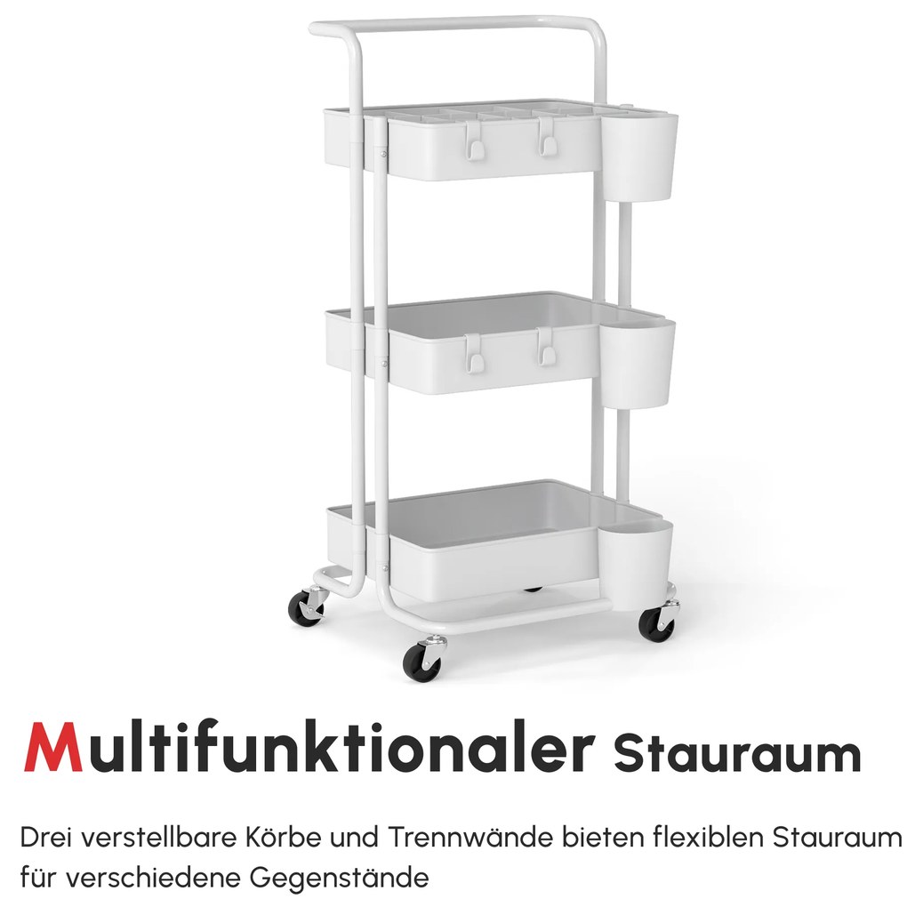 HOMCOM Τροχήλατο Καρότσι, Καρότσι Σερβιρίσματος, 3 Καλάθια Αποθήκευσης, 3 Κρεμαστά Κουτιά, 4 Γάντζοι, Μεταλλικό Πλαίσιο, 42 x 38 x 86,5cm, Λευκό