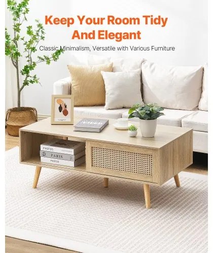 VEVOR Rattan Coffee Table Rectangle Rattan Coffee Table 2-Tier for Living Room