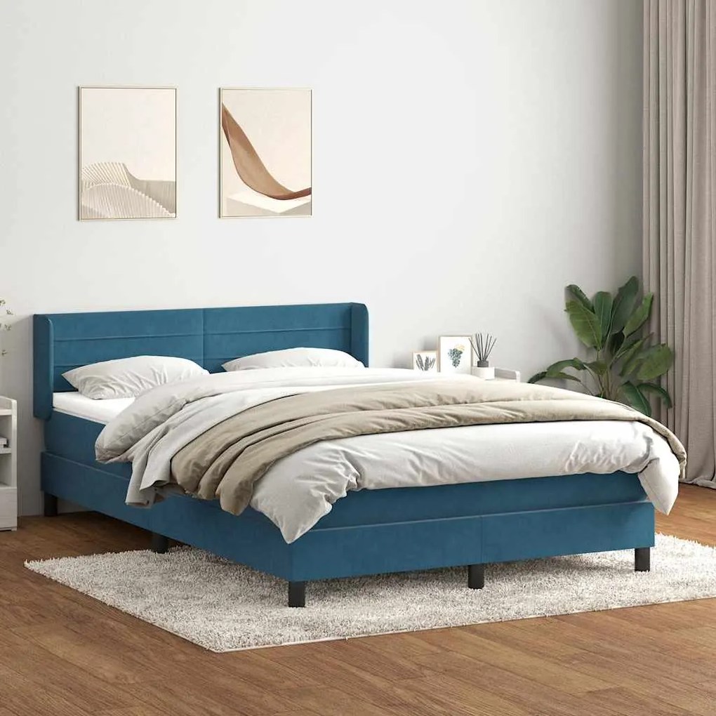 Κρεβάτι Boxspring με Στρώμα Σκούρο Μπλε 140x210 εκ. Βελούδινο