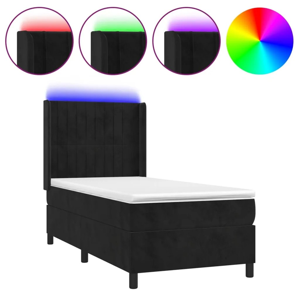 vidaXL Κρεβάτι Boxspring με Στρώμα & LED Μαύρο 90x200 εκ. Βελούδινο