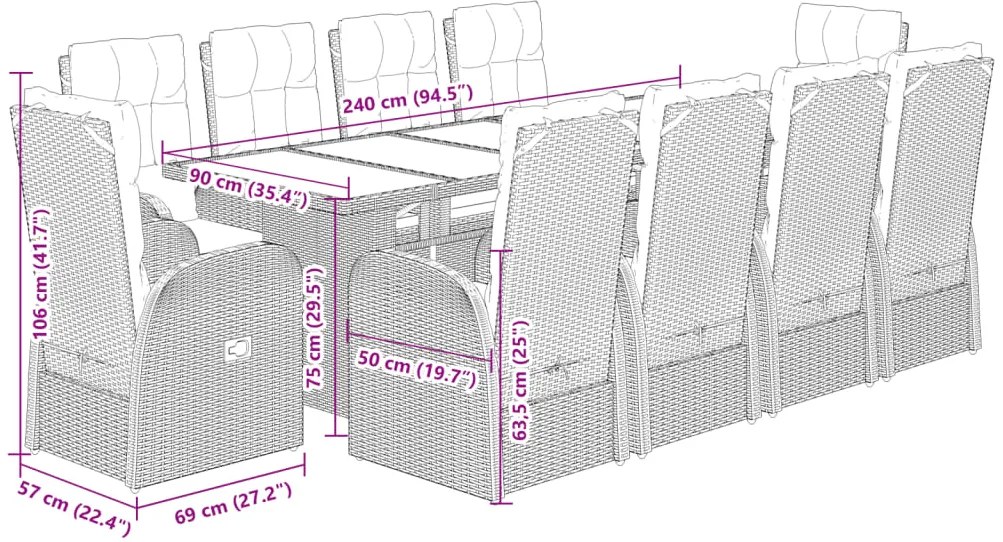 vidaXL Σετ Τραπεζαρίας Κήπου 11 τεμ Μαύρο από Συνθ. Ρατάν με Μαξιλάρια
