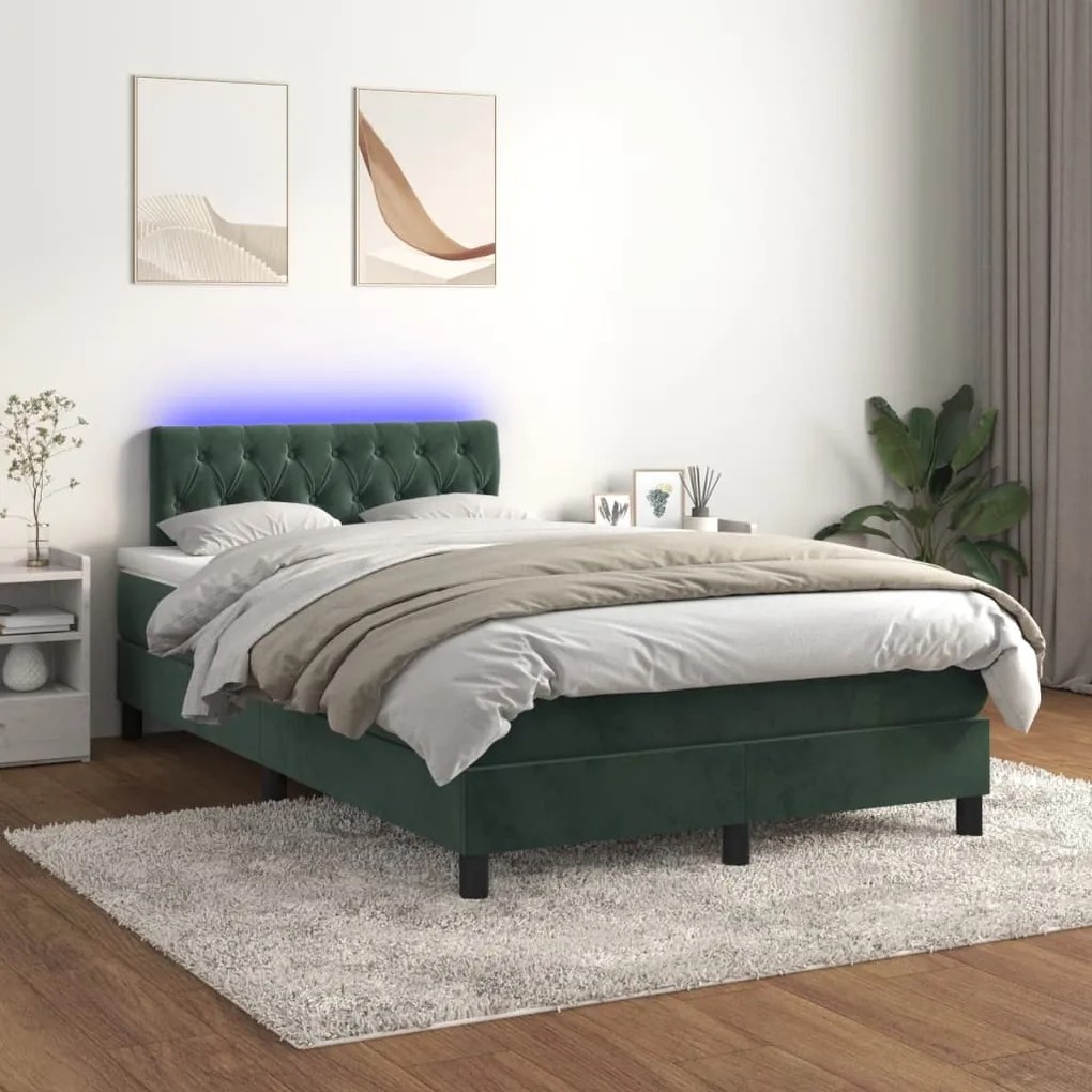 vidaXL Κρεβάτι Boxspring με Στρώμα & LED Σκ. Πράσινο 120x190εκ Βελούδο