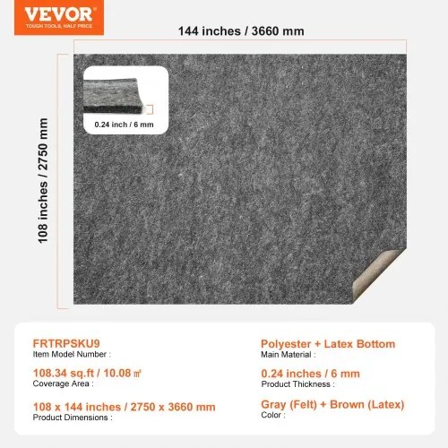 VEVOR Non Slip Rug Pad Gripper 9&#039; x 12&#039; Carpet Mat 0.24&quot; Thick for All Floor