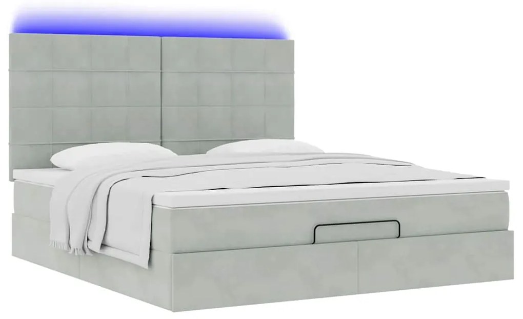vidaXL Οθωμανικό κρεβάτι με στρώματα & LEDs Ανοιχτό γκρι Βελούδο