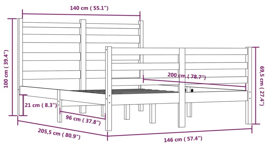 vidaXL Πλαίσιο Κρεβατιού Μαύρο 140 x 200 εκ. από Μασίφ Ξύλο Πεύκου