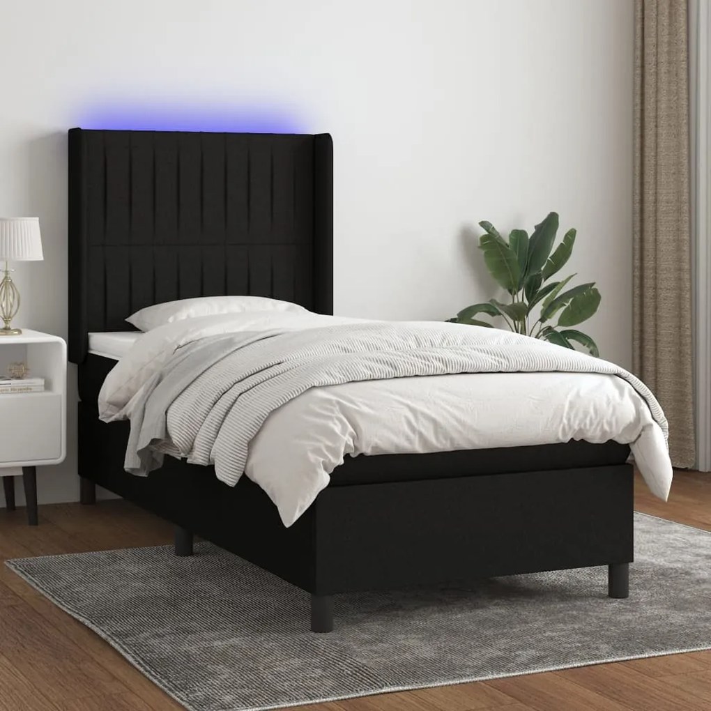 Κρεβάτι Boxspring με Στρώμα &amp; LED Μαύρο 90x200 εκ. Υφασμάτινο - Μαύρο