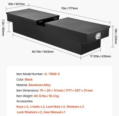 VEVOR Crossover Tool Box 70x20x13 In Heavy Duty Aluminum Toolbox for Truck Bed