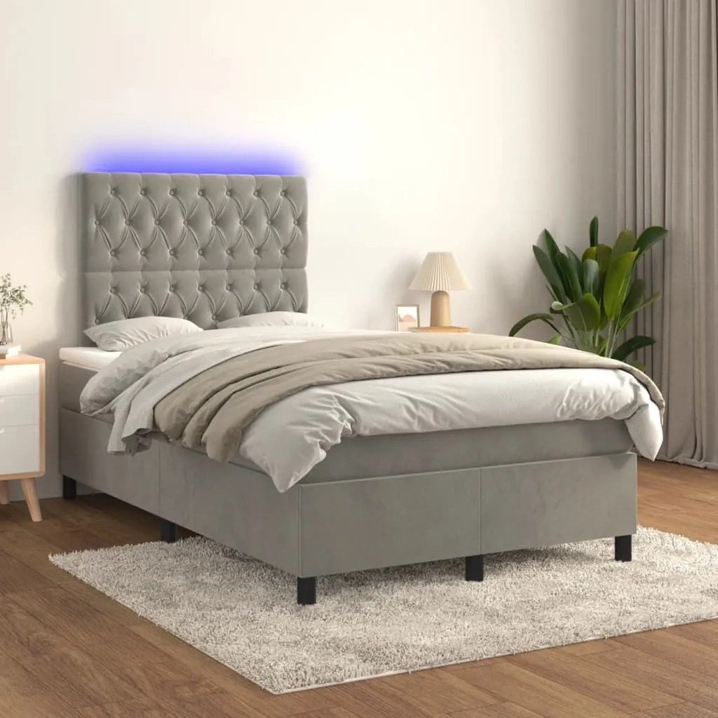 Κρεβάτι Boxspring με Στρώμα &amp; LED Αν.Γκρι 120x190εκ. Βελούδινο - Γκρι