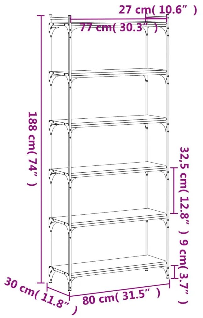 Βιβλιοθήκη 6 Επιπέδων Καφέ Δρυς 80 x 30 x 188 εκ. Επεξεργ. Ξύλο - Καφέ