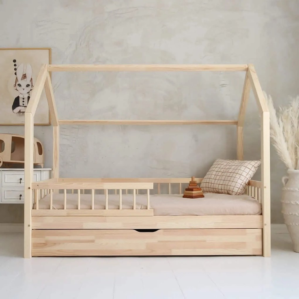 Κρεβάτι Παιδικό Montessori  Bello Plus με Αφαιρούμενα Κάγκελα 23cm  + Συρτάρι σε Φυσικό  Ξύλο  100×200cm  Luletto (Δώρο 10% έκπτωση στο Στρώμα)