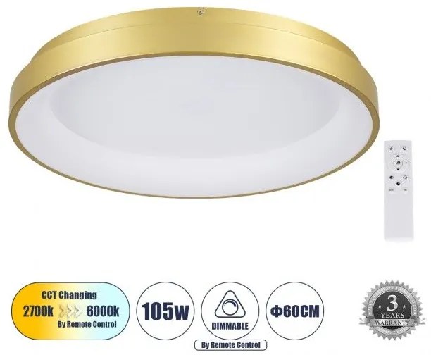 Πλαφονιέρα Φωτιστικό Οροφής Δαχτυλίδι LED CCT 105W 12075lm SALEM Globostar 61239 Χρυσό